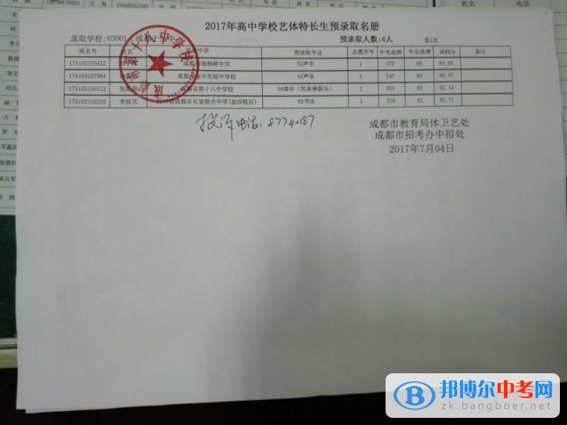 成都市十八中學(xué)2017年高中學(xué)校藝體特長生預(yù)錄名冊