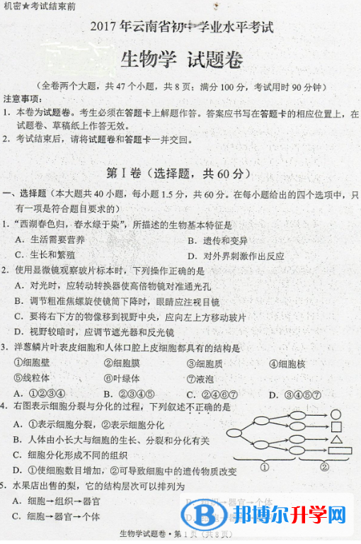  2020年思茅生物中考會考試卷